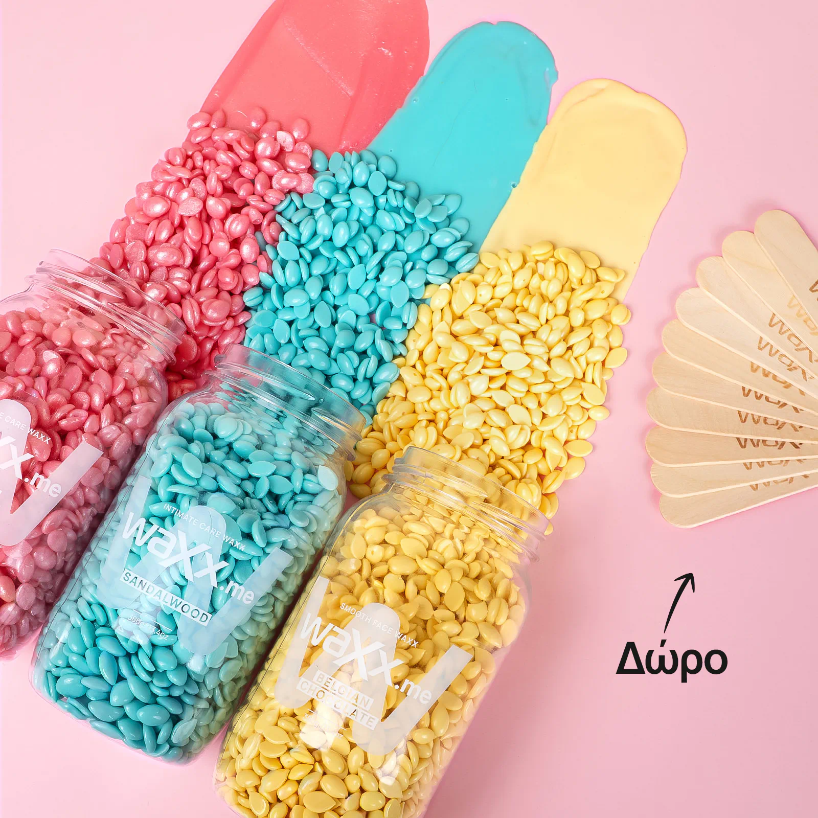 3 συσκευασίες κεριού σώματος της επιλογής σας +  Δώρο Ξύλινες σπάτουλες 